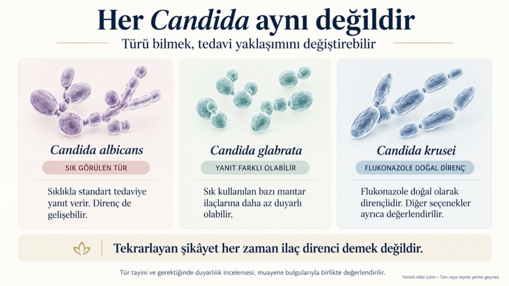 Candida albicans, Candida glabrata ve Candida krusei türleri ile tedavi yanıtı farklılıklarının temsili karşılaştırması