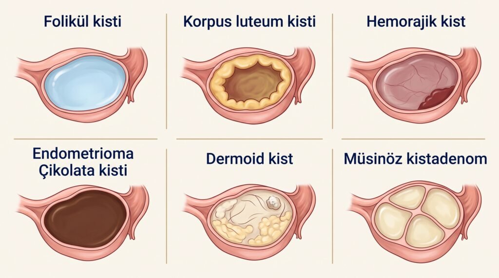 Yumurtalık kisti türlerini karşılaştıran temsili tıbbi çizimler