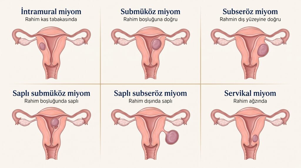 Miyomların rahimdeki farklı yerleşimlerini gösteren temsili tıbbi çizimler
