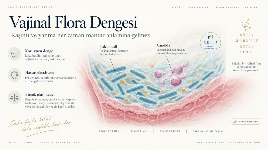 Vajinal flora, laktobasiller ve Candida hücrelerini anlatan temsili tıbbi infografik