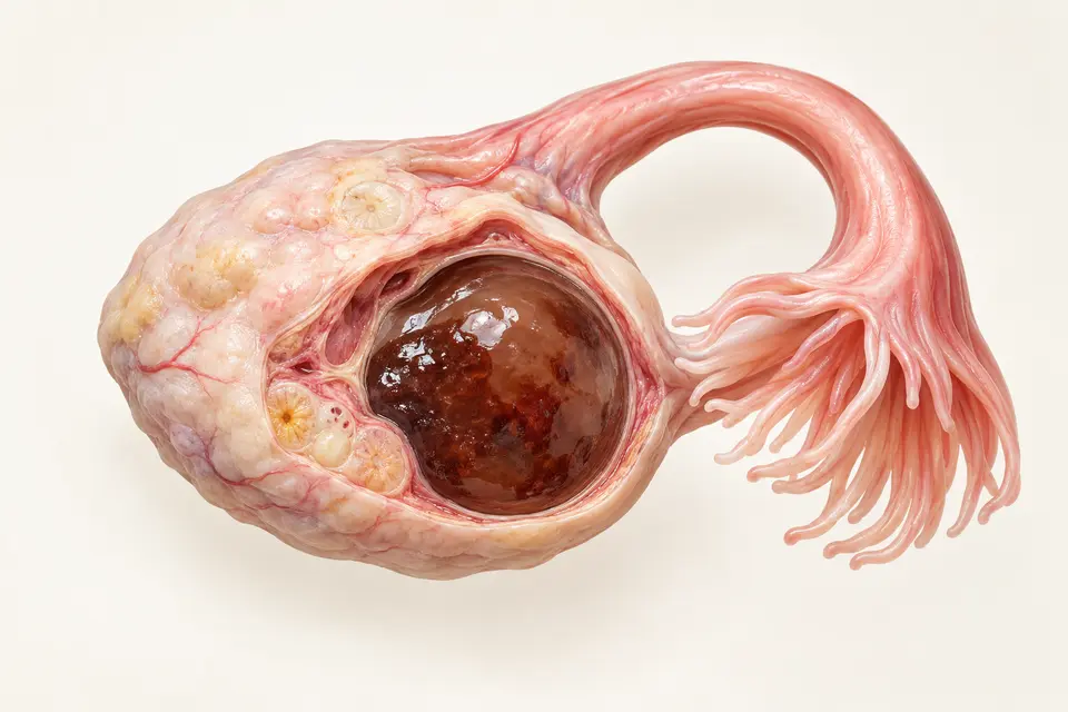 Medical illustration of an ovarian endometrioma (chocolate cyst), not a patient image