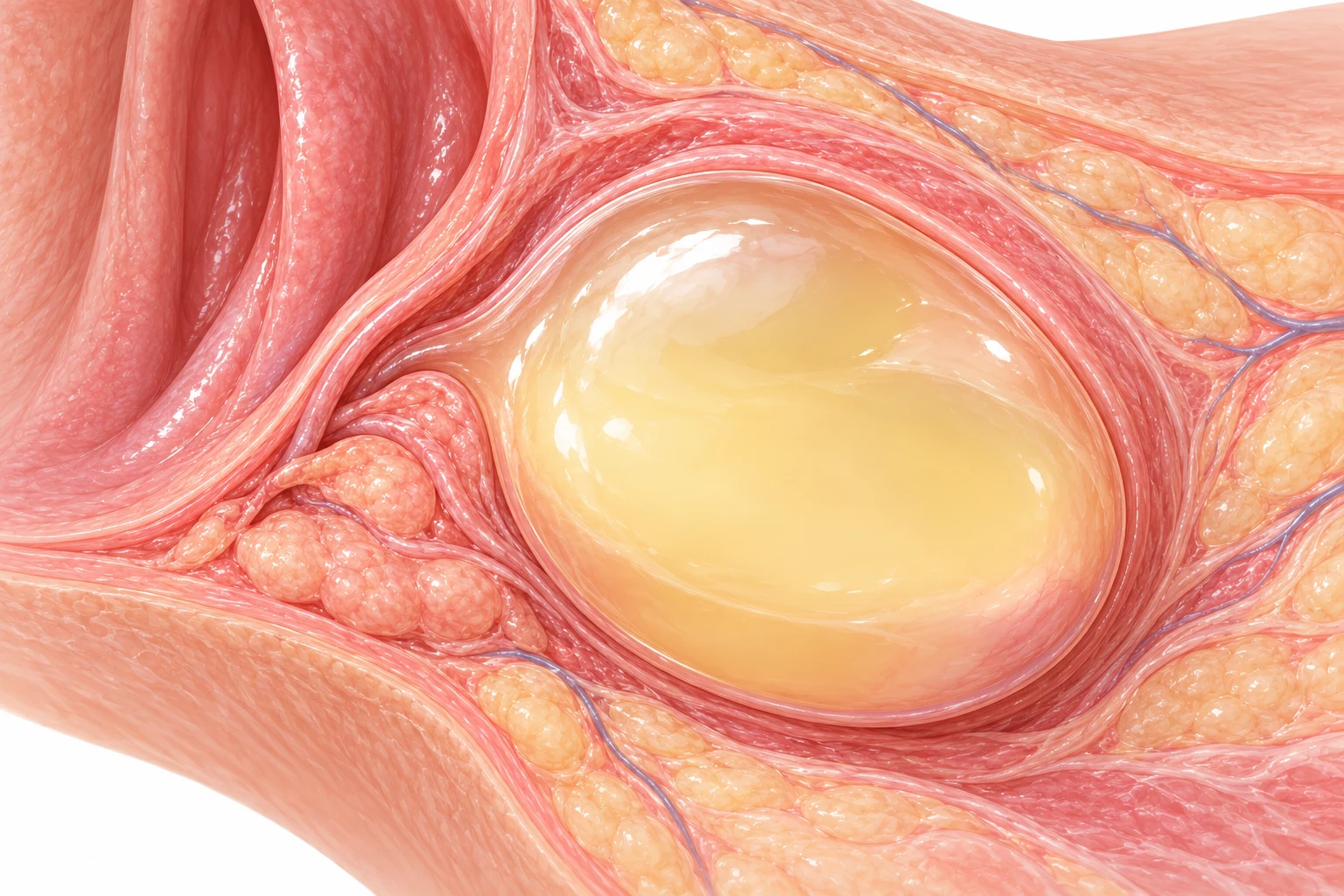 Conceptual cross-section showing a fluid-filled cyst cavity within surrounding tissue